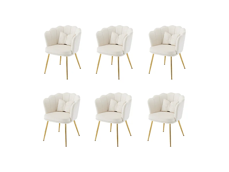 Set aus 6 Samtstühlen – mit blütenblattförmiger Rückenlehne – goldene Metallbeine – Beige