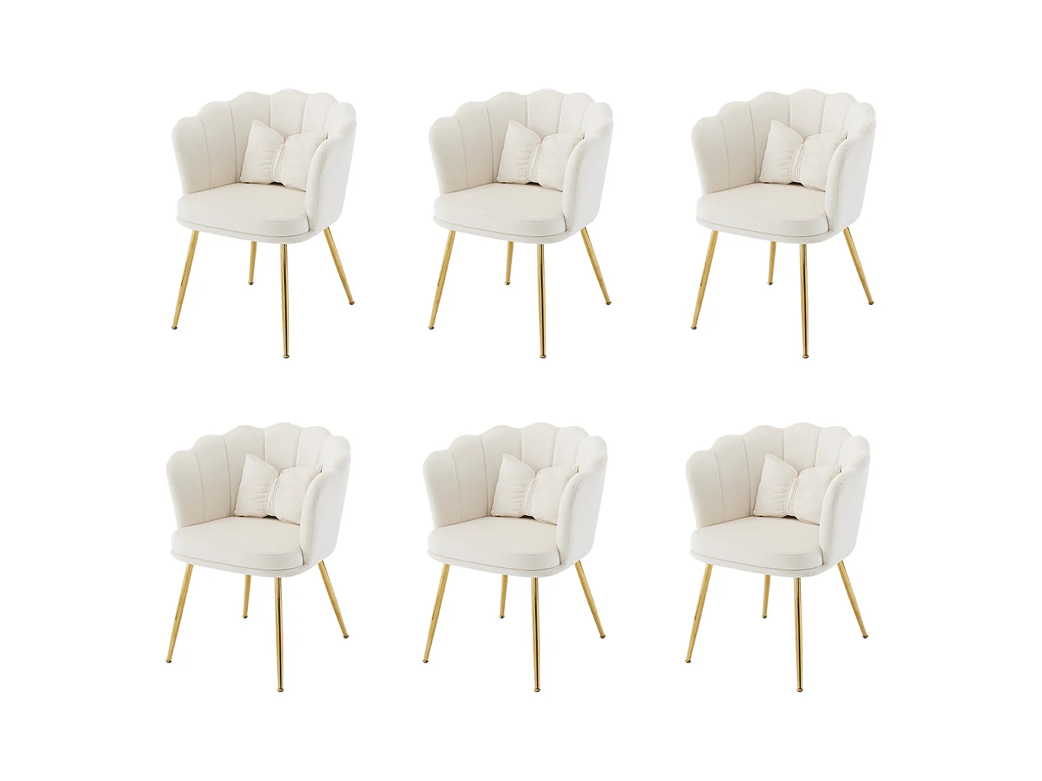 Lot de 6 Chaises en velours - avec dossier en forme de pétale - pieds en métal doré - Beige