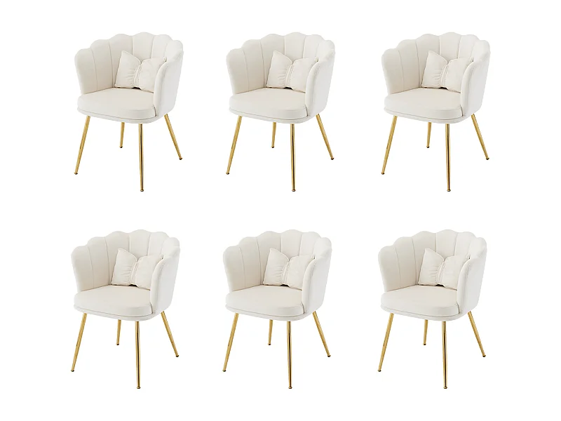 Set aus 6 Samtstühlen – mit blütenblattförmiger Rückenlehne – goldene Metallbeine – Beige