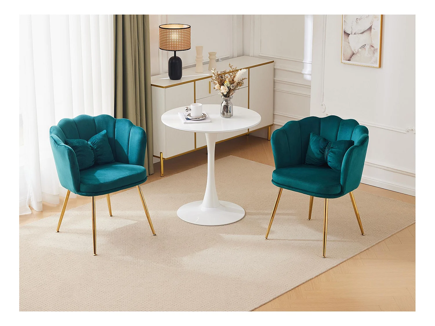 Lot de 2 Chaises en velours - avec dossier en forme de pétale - pieds en métal doré - Vert sapin