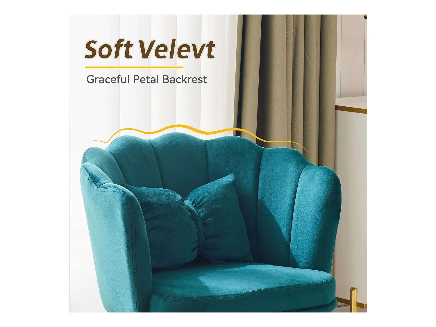 Lot de 2 Chaises en velours - avec dossier en forme de pétale - pieds en métal doré - Vert sapin