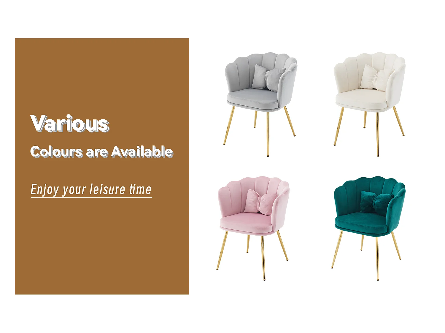 Lot de 2 Chaises en velours - avec dossier en forme de pétale - pieds en métal doré - Vert sapin