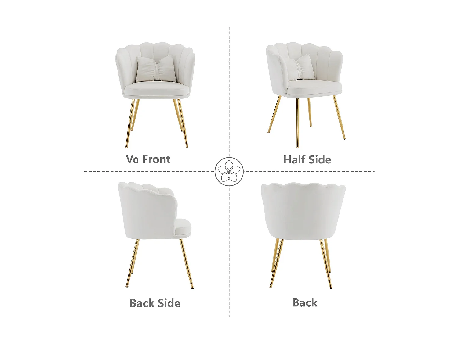 Set aus 4 Samtstühlen – mit blütenblattförmiger Rückenlehne – goldene Metallbeine – Beige