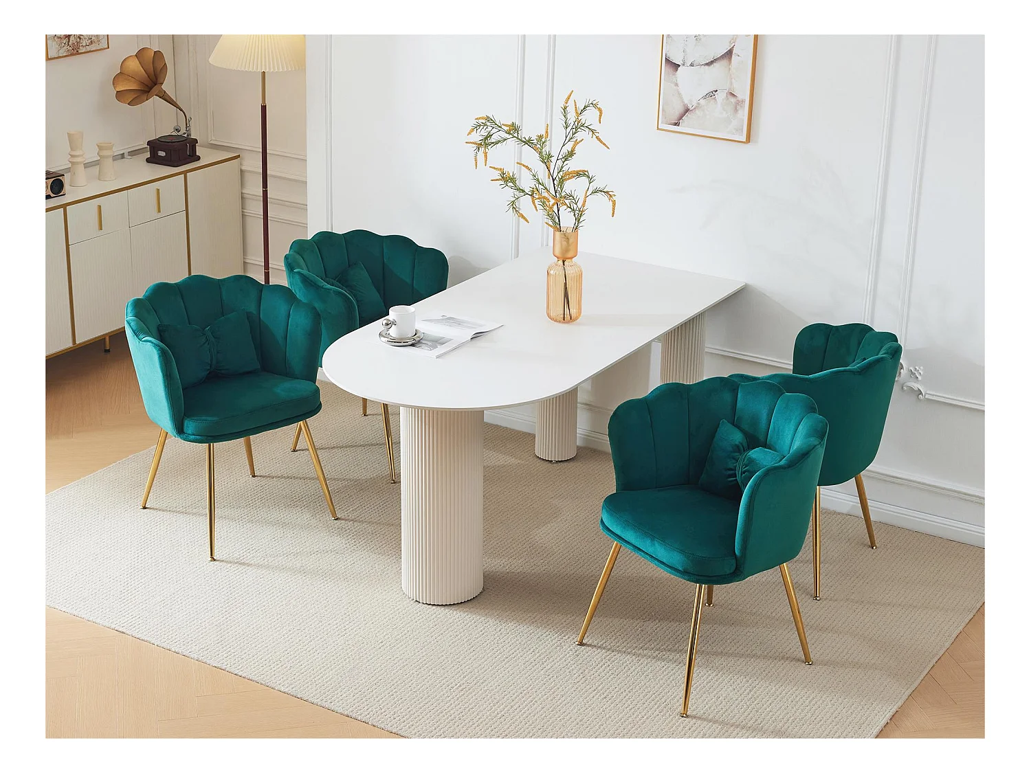 Lot de 4 Chaises en velours - avec dossier en forme de pétale - pieds en métal doré - Vert sapin