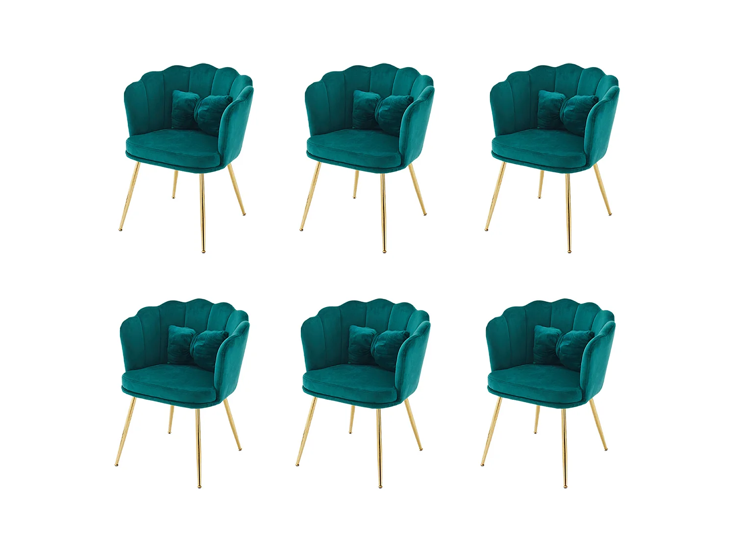 Juego de 6 sillas de terciopelo - con respaldo en forma de pétalo - patas de metal dorado - Verde abeto