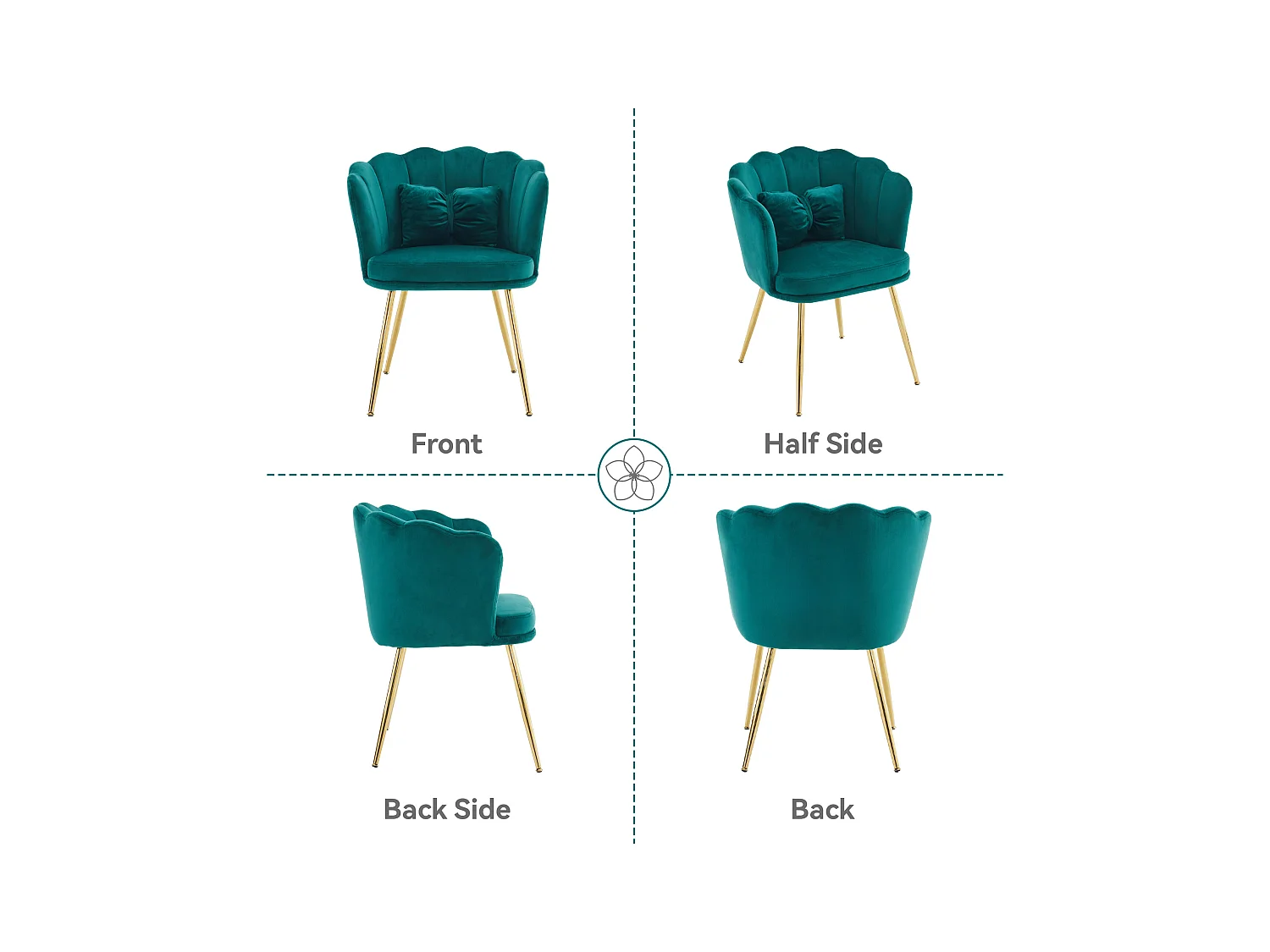 Juego de 6 sillas de terciopelo - con respaldo en forma de pétalo - patas de metal dorado - Verde abeto