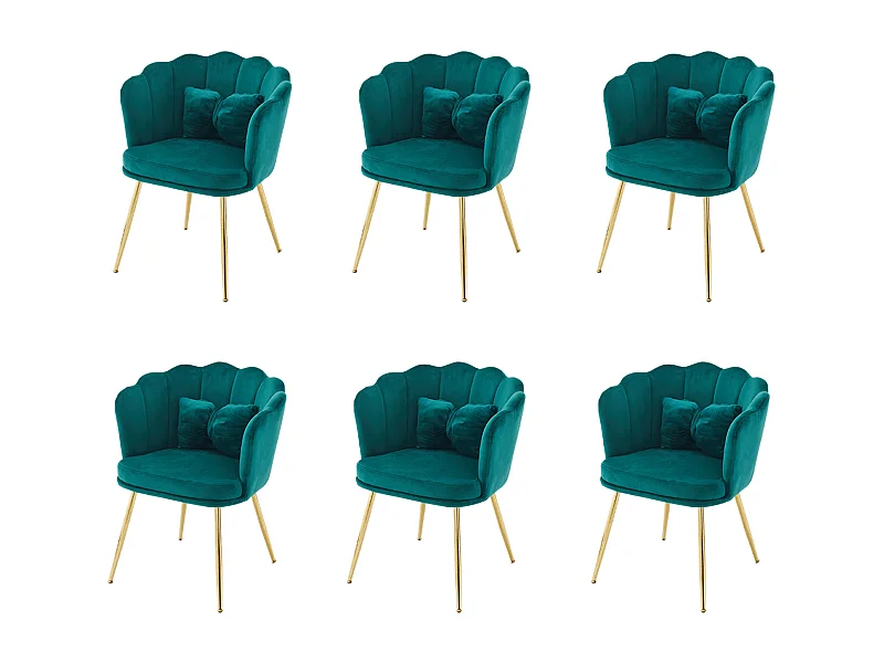 Lot de 6 Chaises en velours - avec dossier en forme de pétale - pieds en métal doré - Vert sapin