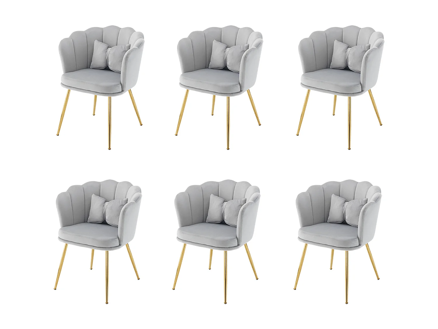 Lot de 6 Chaises en velours - avec dossier en forme de pétale - pieds en métal doré - Gris