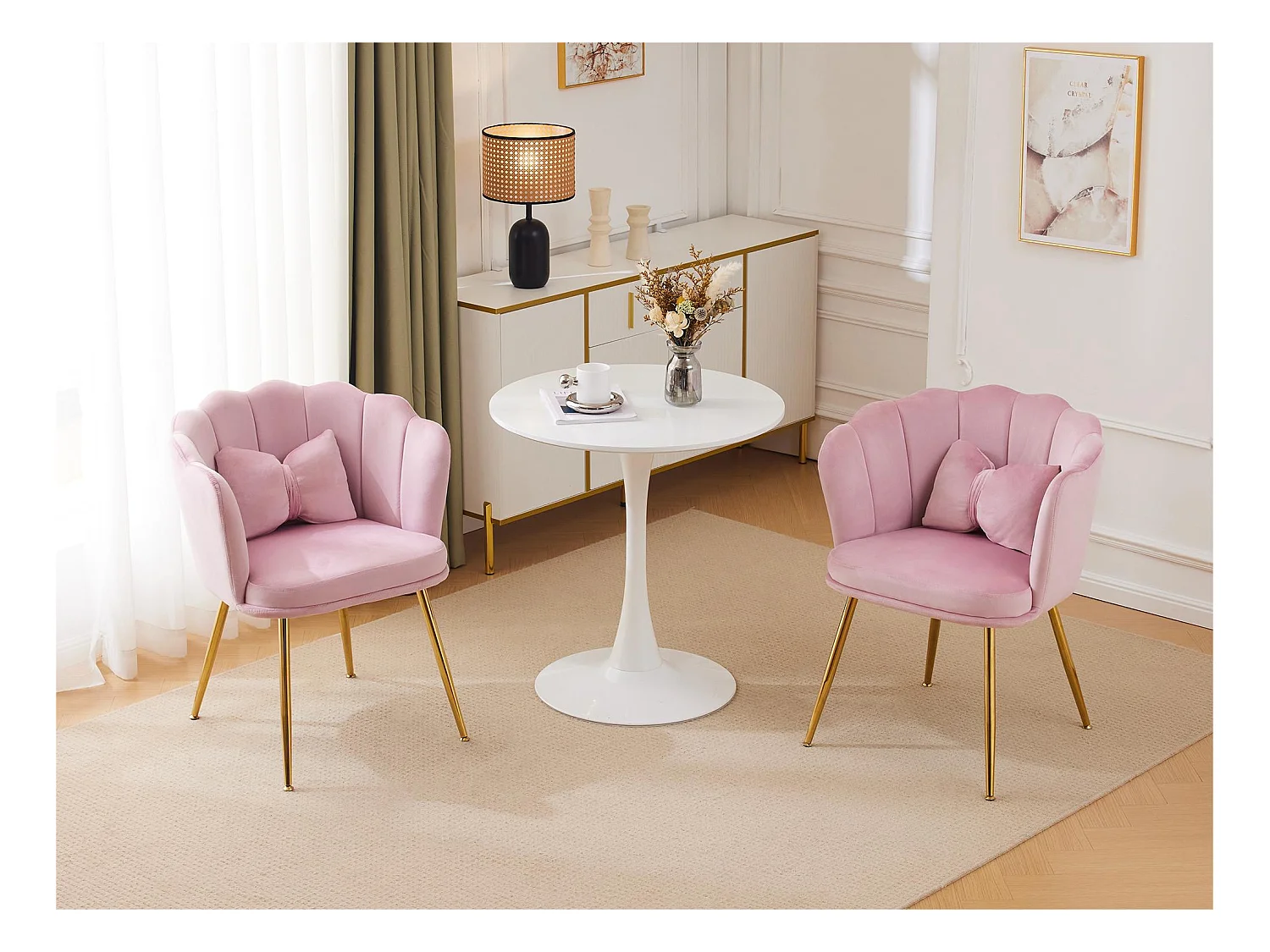 Lot de 2 Chaises en velours - avec dossier en forme de pétale - pieds en métal doré - Rose