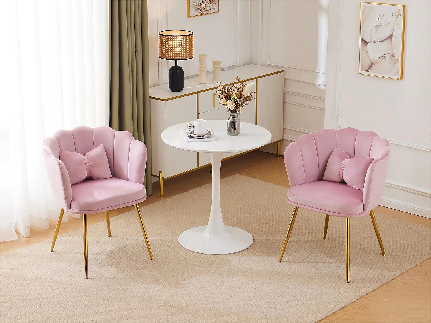 Lot de 2 Chaises en velours - avec dossier en forme de pétale - pieds en métal doré - Rose