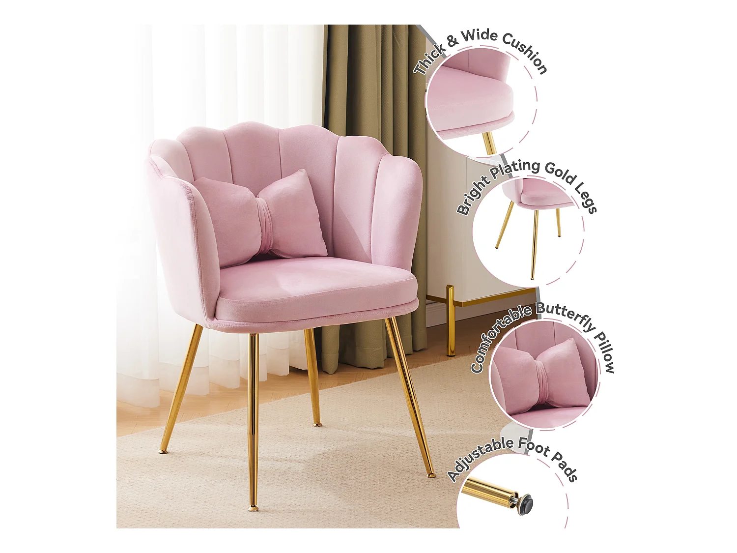 Lot de 2 Chaises en velours - avec dossier en forme de pétale - pieds en métal doré - Rose