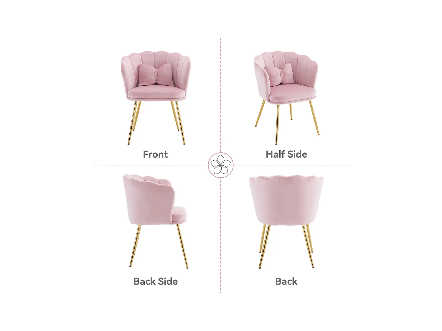 Lot de 2 Chaises en velours - avec dossier en forme de pétale - pieds en métal doré - Rose