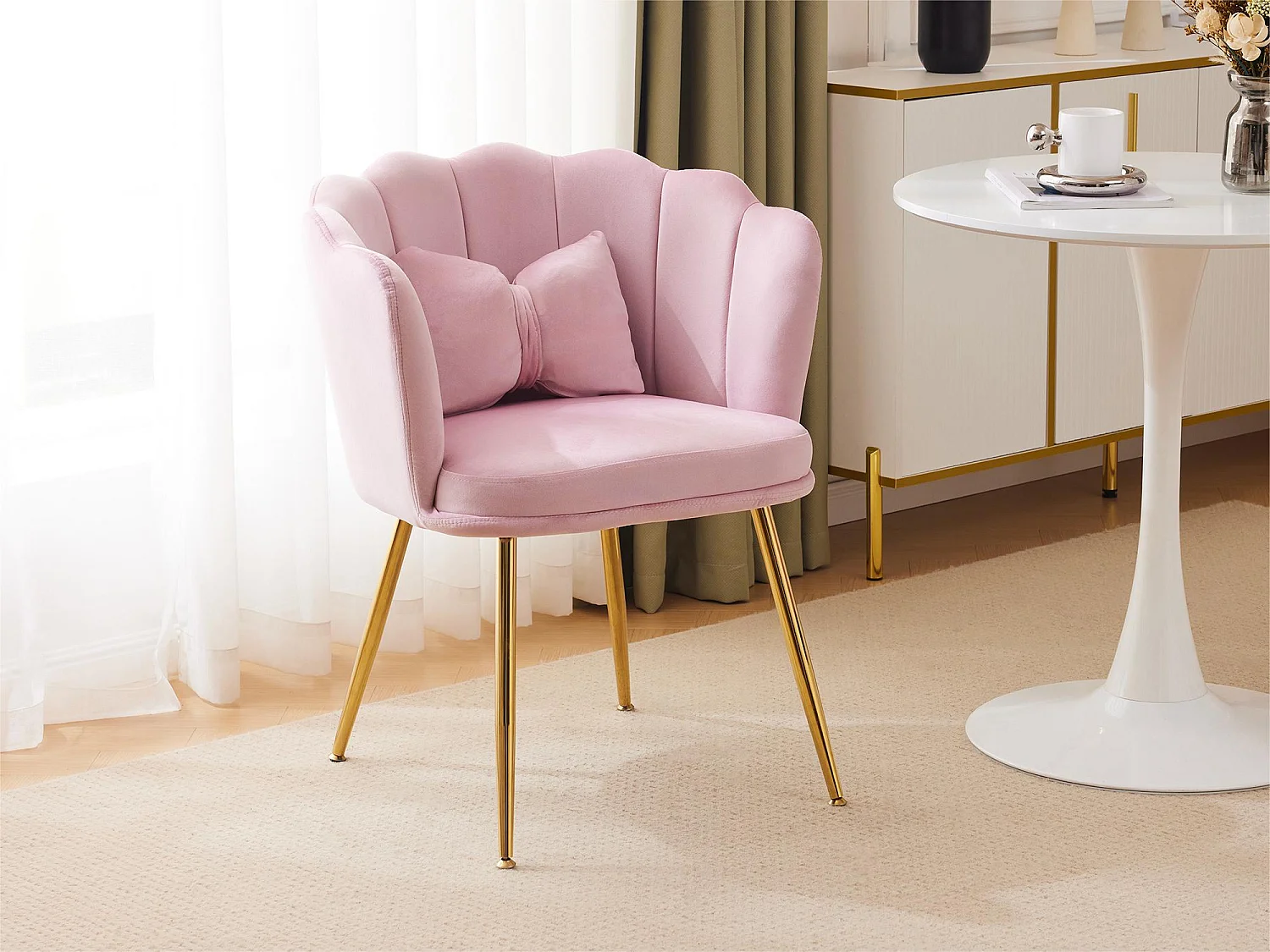 1 Chaise en velours - avec dossier en forme de pétale - pieds en métal doré - Rose