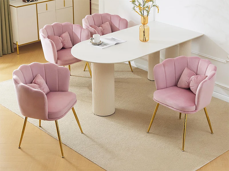 Set van 4 Velvet stoelen - met bloemblaadjevormige rugleuning - goud metalen poten - Roze