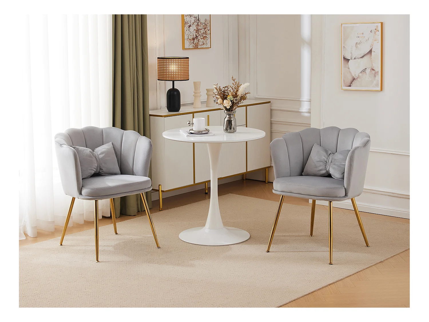 Lot de 2 Chaises en velours - avec dossier en forme de pétale - pieds en métal doré - Gris