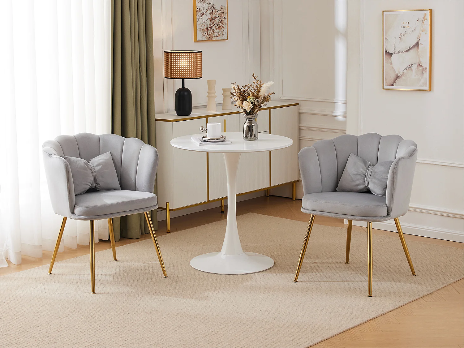 Lot de 2 Chaises en velours - avec dossier en forme de pétale - pieds en métal doré - Gris