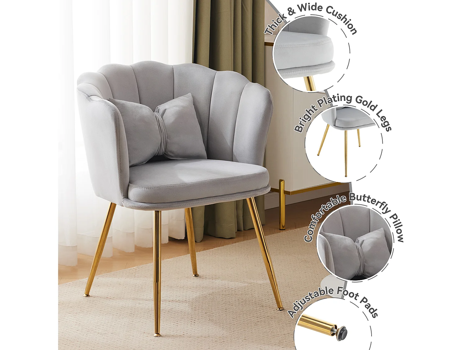 Lot de 2 Chaises en velours - avec dossier en forme de pétale - pieds en métal doré - Gris