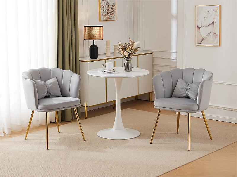 Lot de 2 Chaises en velours - avec dossier en forme de pétale - pieds en métal doré - Gris