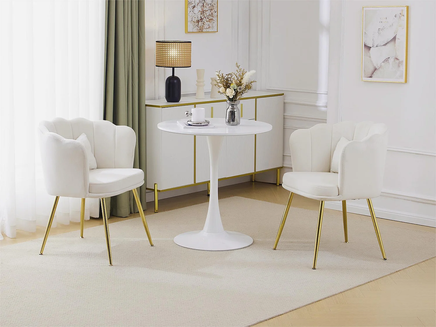 Juego de 2 sillas de terciopelo - con respaldo en forma de pétalo - patas de metal dorado - Beige