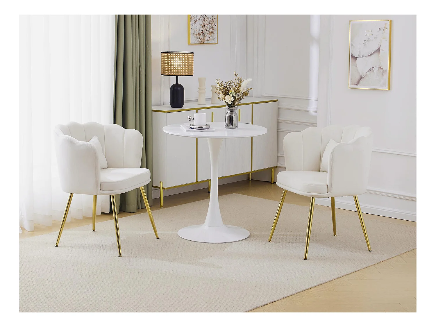 Lot de 2 Chaises en velours - avec dossier en forme de pétale - pieds en métal doré - Beige