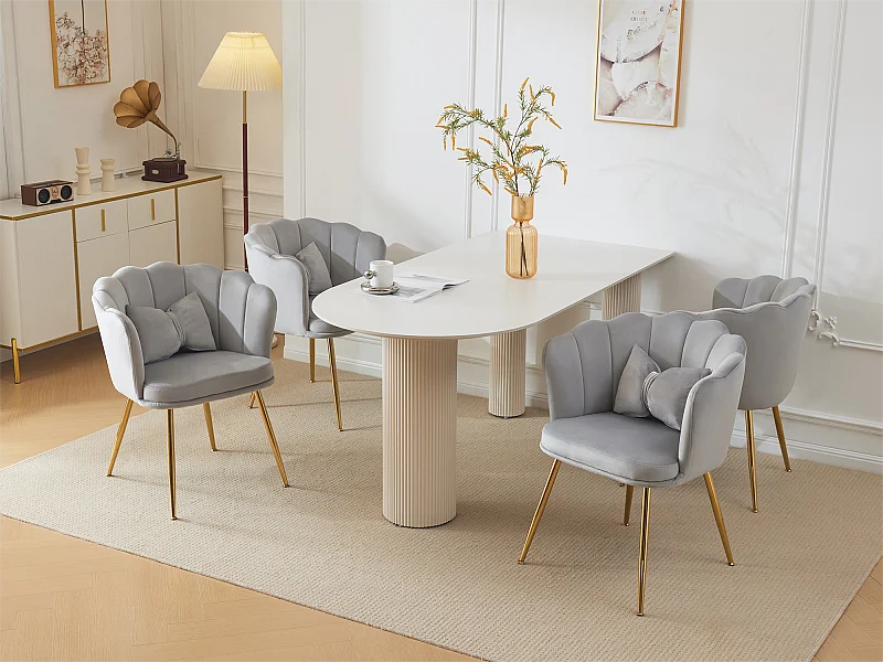 Set van 4 Velvet stoelen - met bloemblaadjevormige rugleuning - goud metalen poten - Grijs