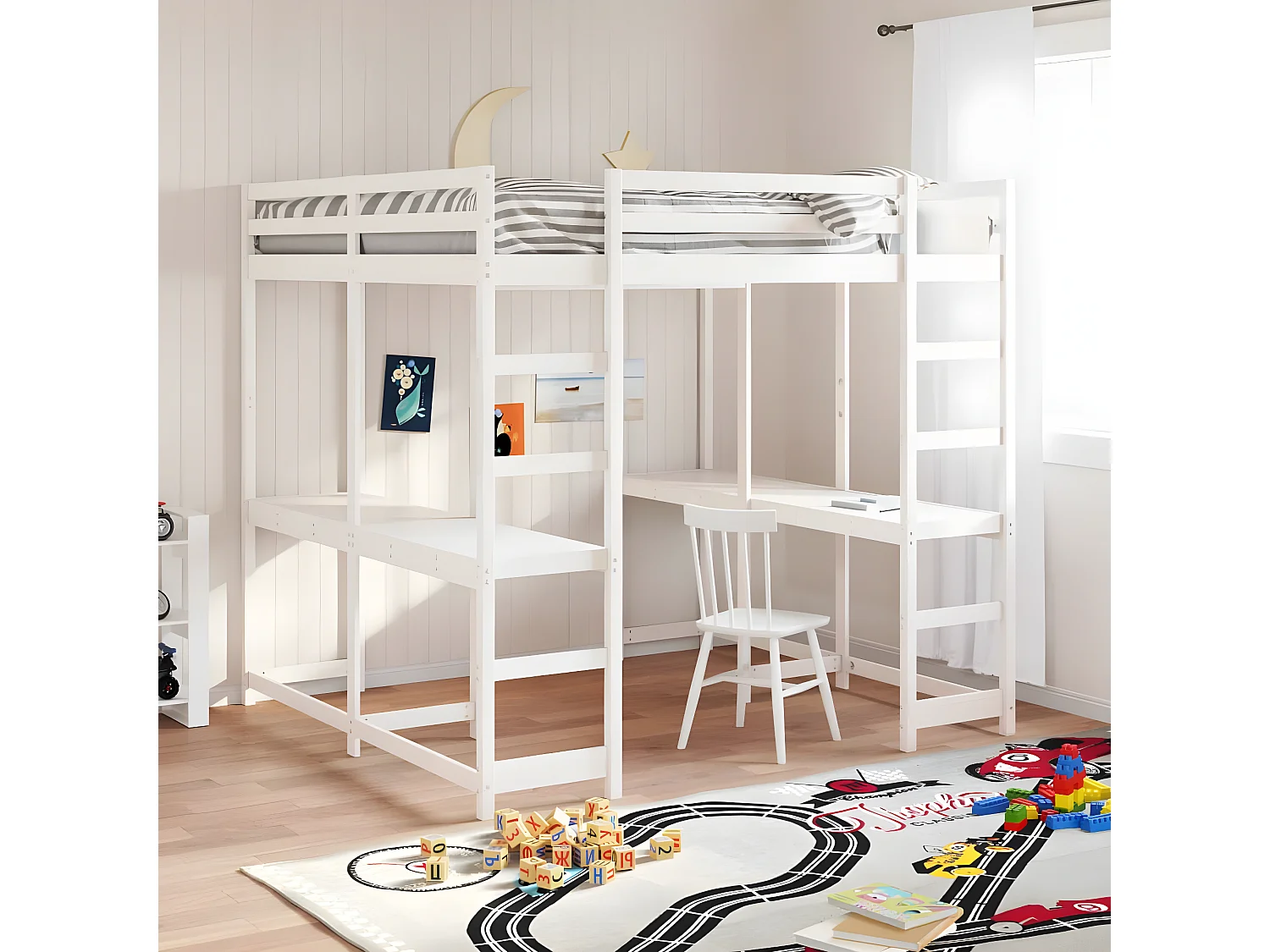 Cama alta c/ secretária e escada 180x200 cm pinho maciço branco