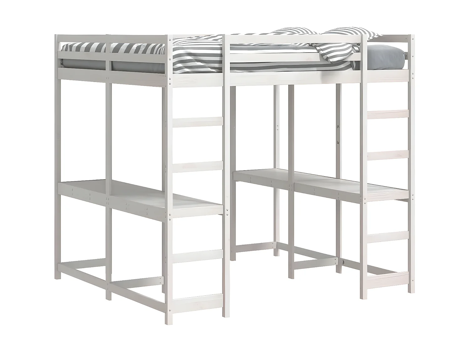 Cama alta c/ secretária e escada 180x200 cm pinho maciço branco