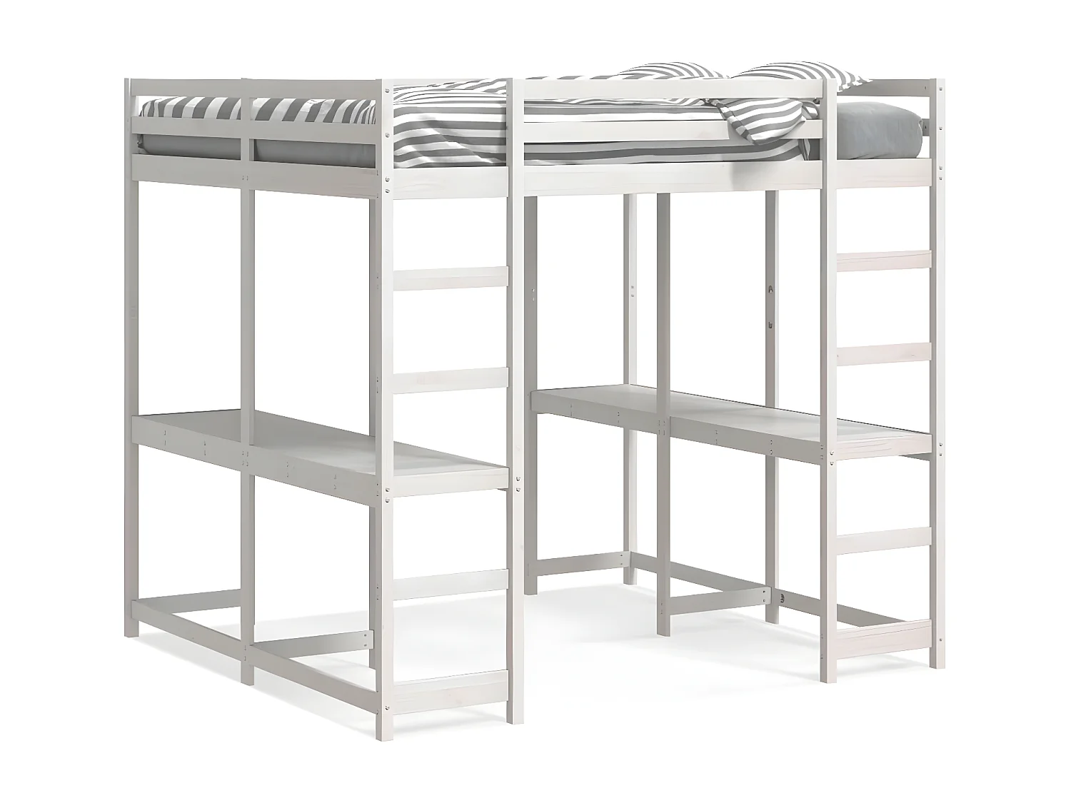 Cama alta c/ secretária e escada 160x200 cm pinho maciço branco