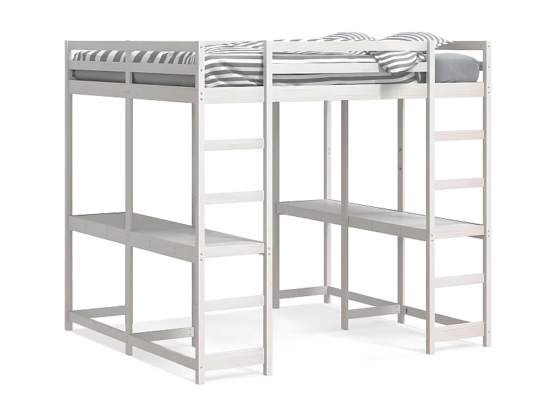 Cama alta con escritorio y escalera madera blanca 140x200 cm
