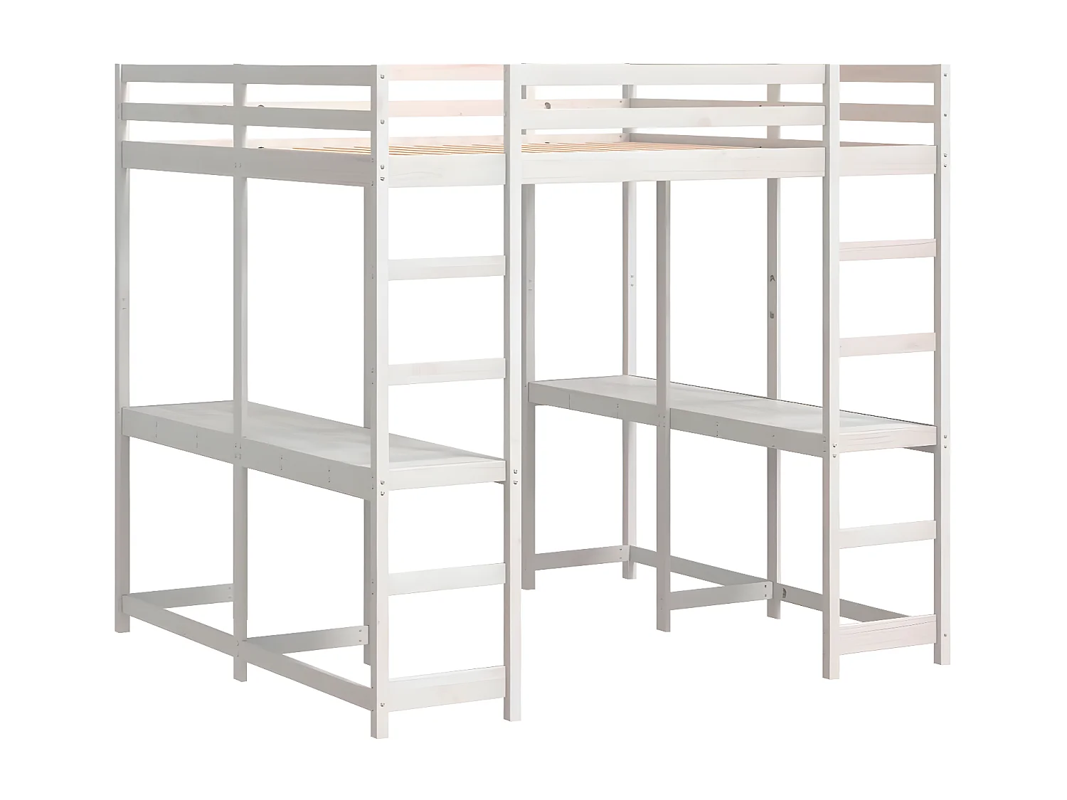 Cama alta c/ secretária e escada 140x200 cm pinho maciço branco