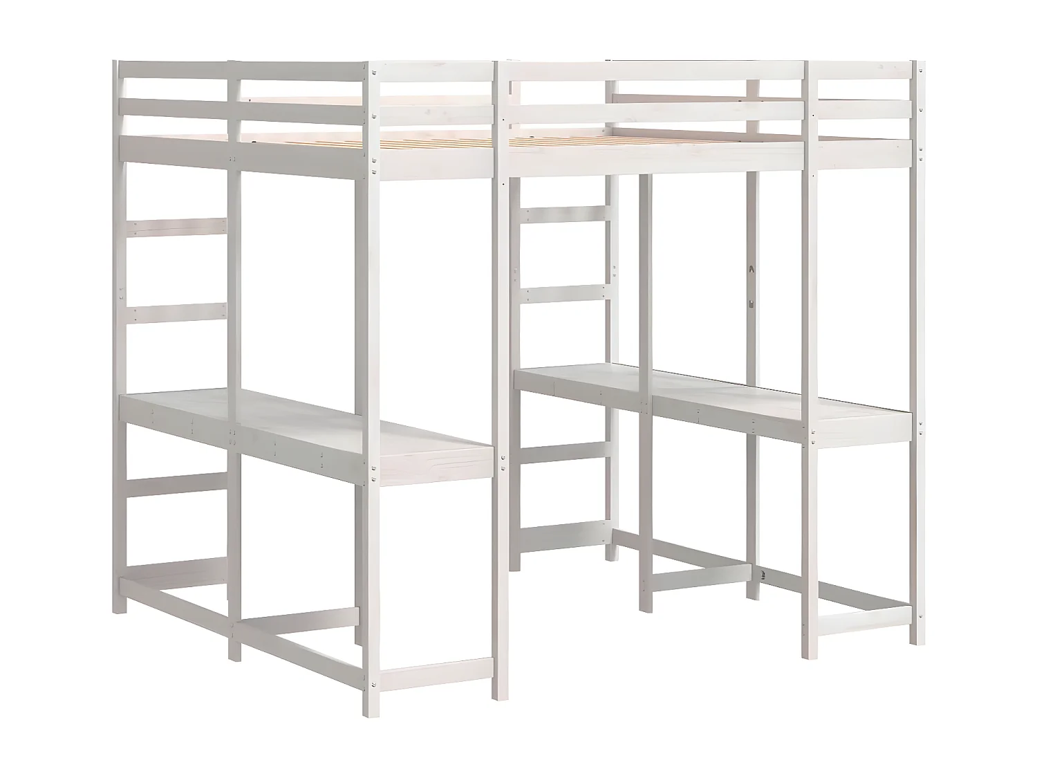 Cama alta c/ secretária e escada 140x200 cm pinho maciço branco