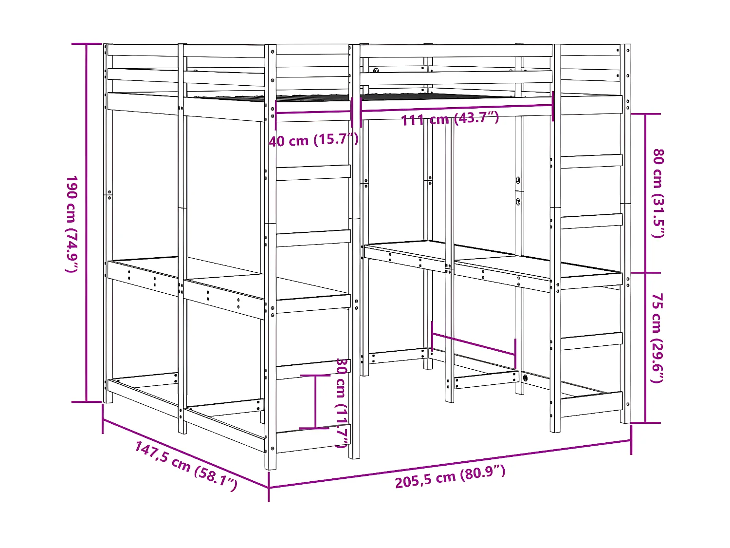 Cama alta c/ secretária e escada 140x200 cm pinho maciço branco