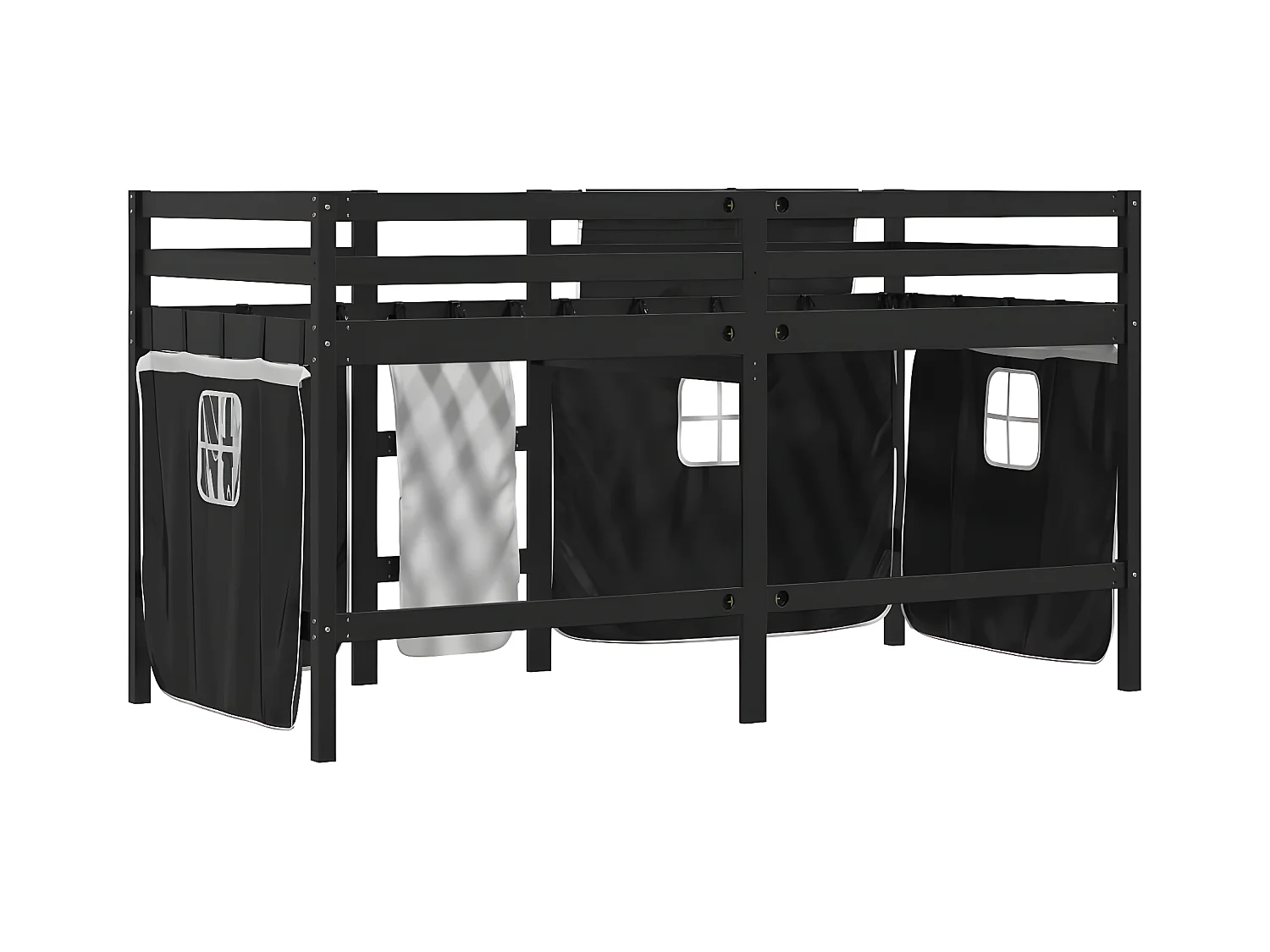 Cama alta criança c/ cortina 80x200cm pinho maciço branco/preto