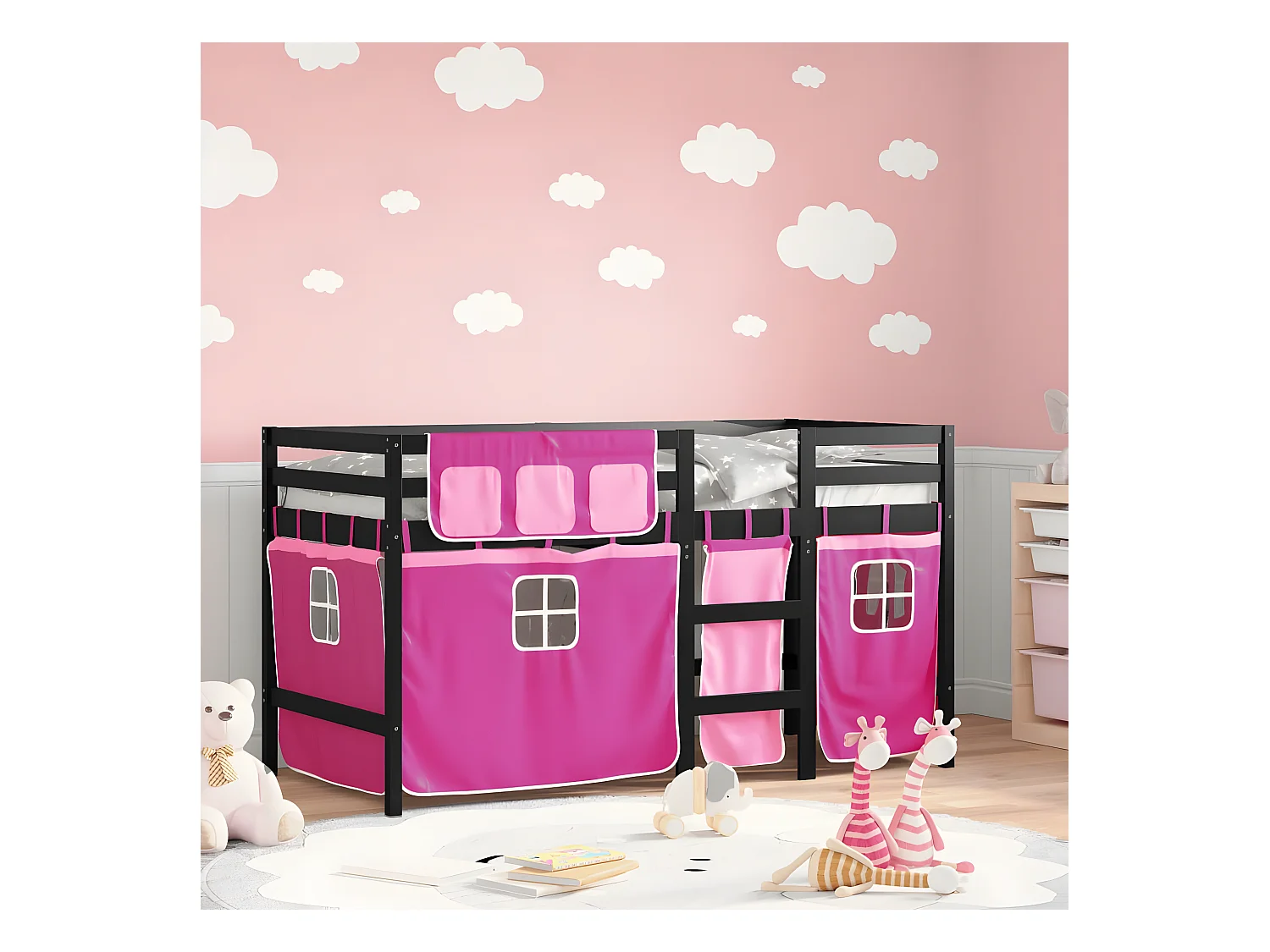 Cama alta p/ criança c/ cortinas 90x190 cm pinho maciço rosa