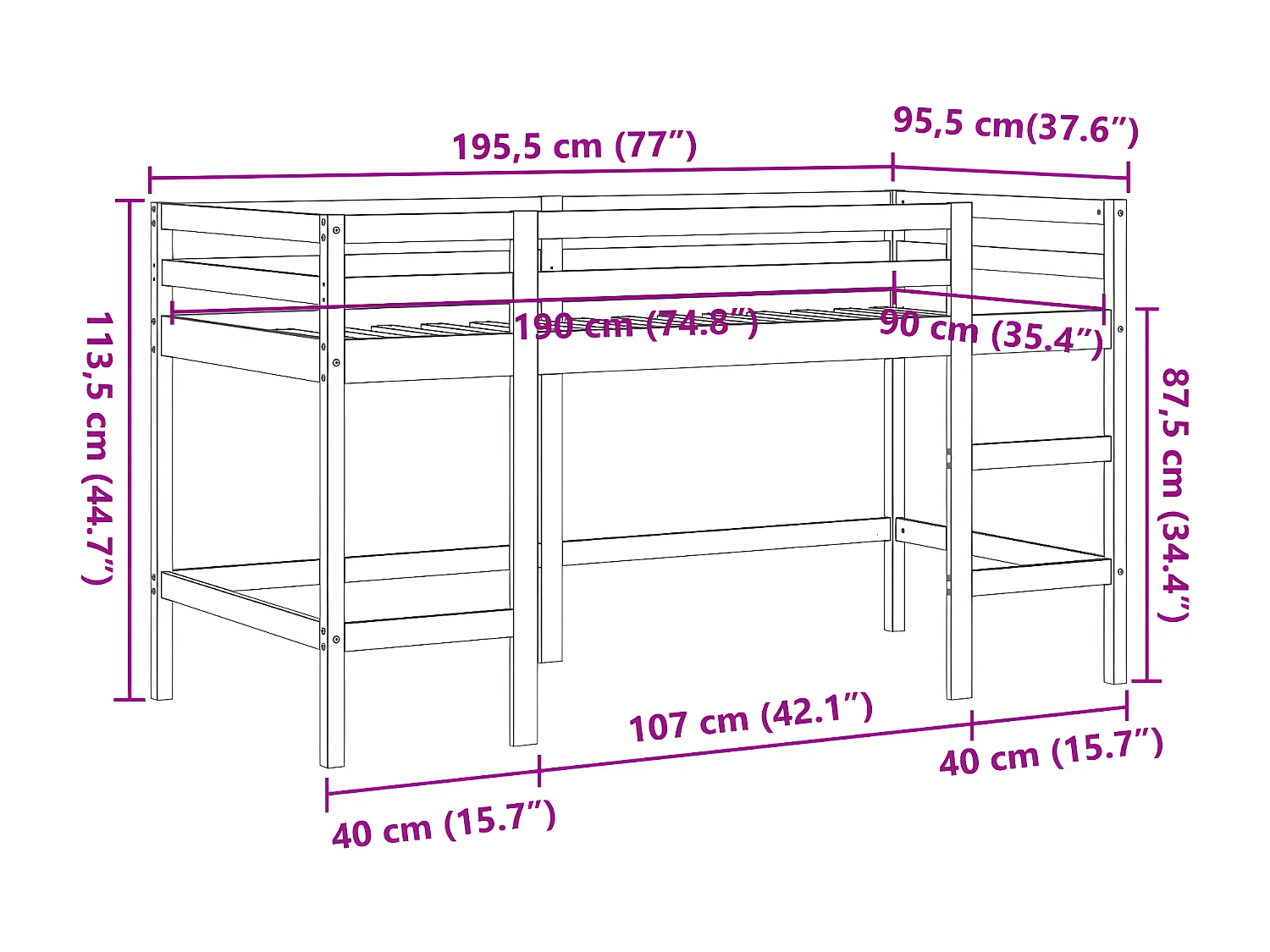 Lit mezzanine enfants avec échelle 90x190 cm bois de pin massif