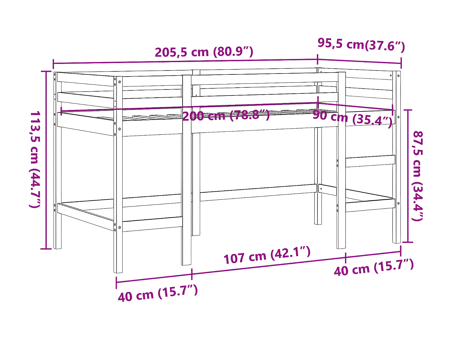 Cama alta de niños con escalera madera maciza marrón 90x200 cm