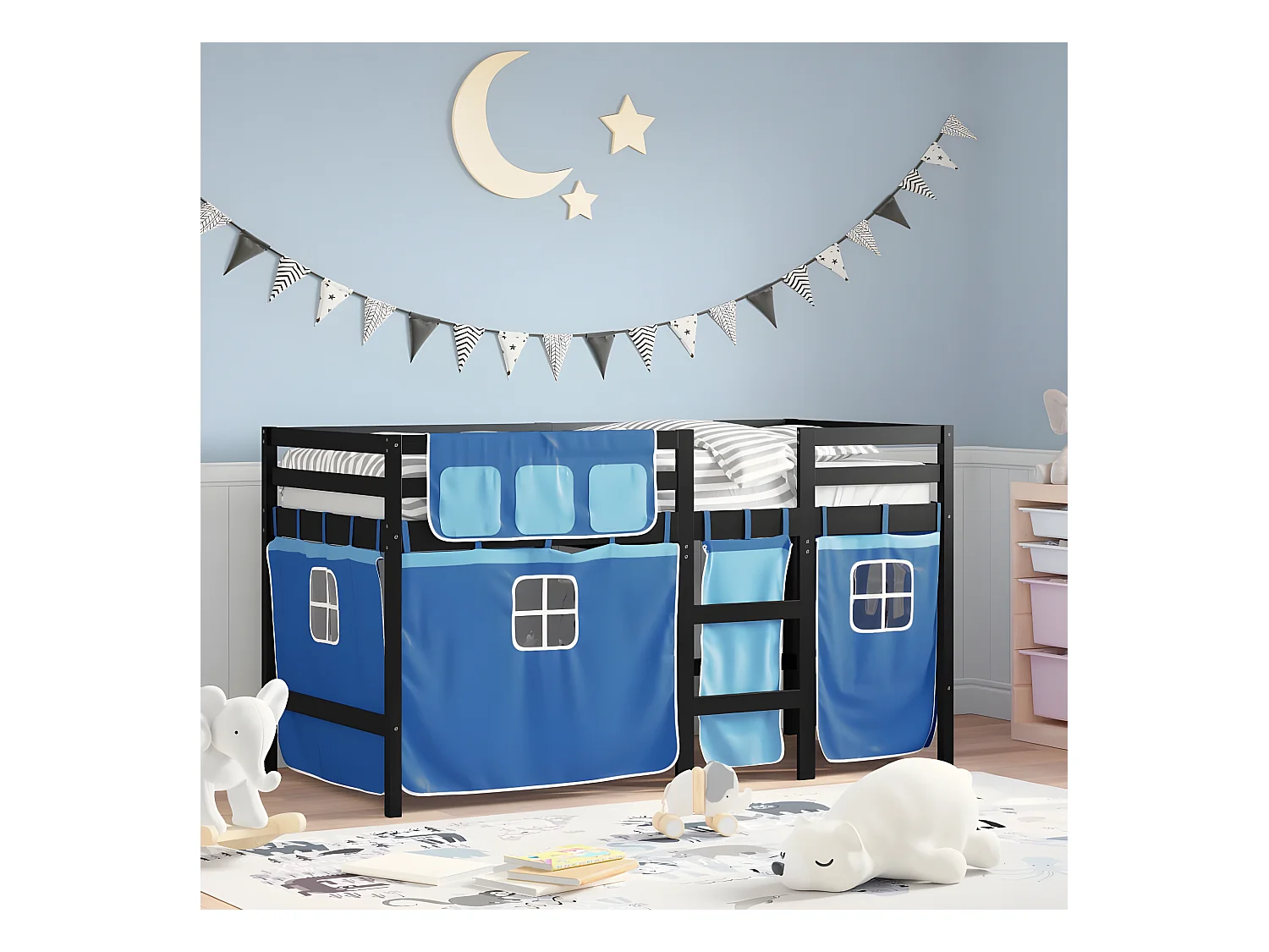 Cama alta p/ criança c/ cortinas 80x200 cm pinho maciço azul