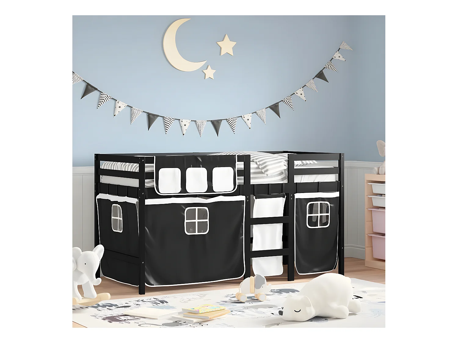 Cama alta criança c/ cortina 90x200cm pinho maciço branco/preto