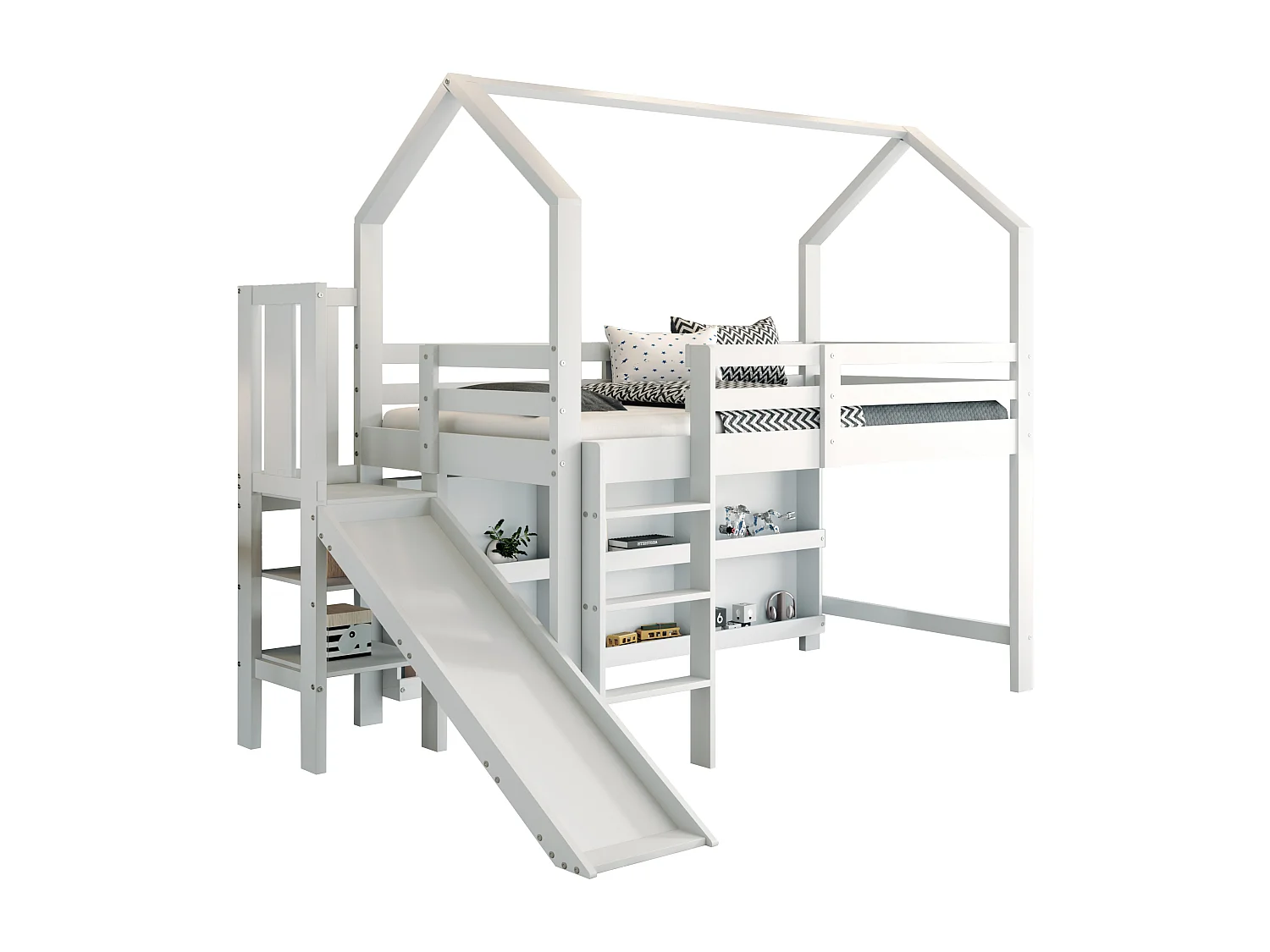 Letto a soppalco 90x200 cm - con scivolo + scala + armadietto + ripiano - in legno di pino e MDF - Bianco