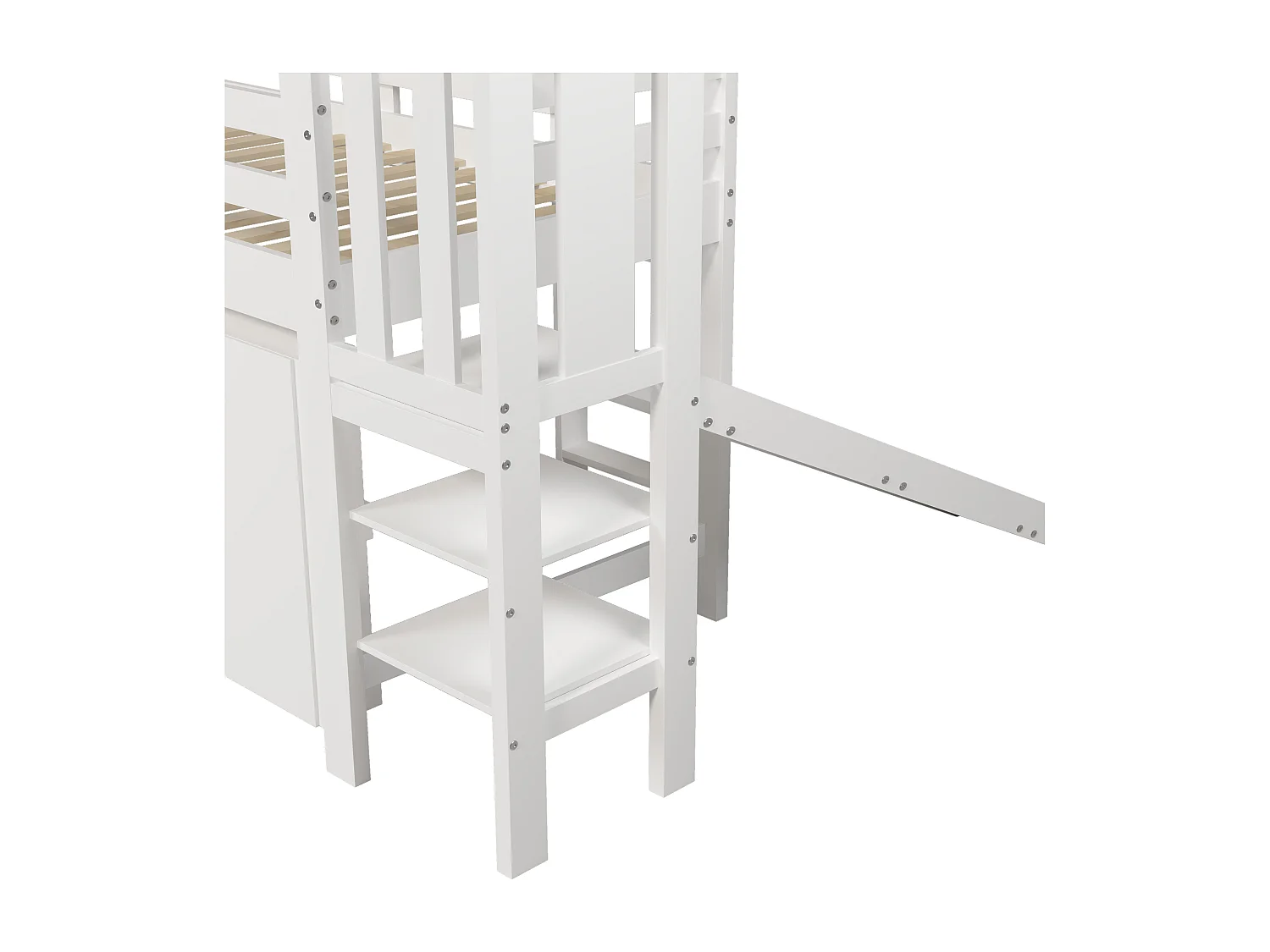 Letto a soppalco 90x200 cm - con scivolo + scala + armadietto + ripiano - in legno di pino e MDF - Bianco