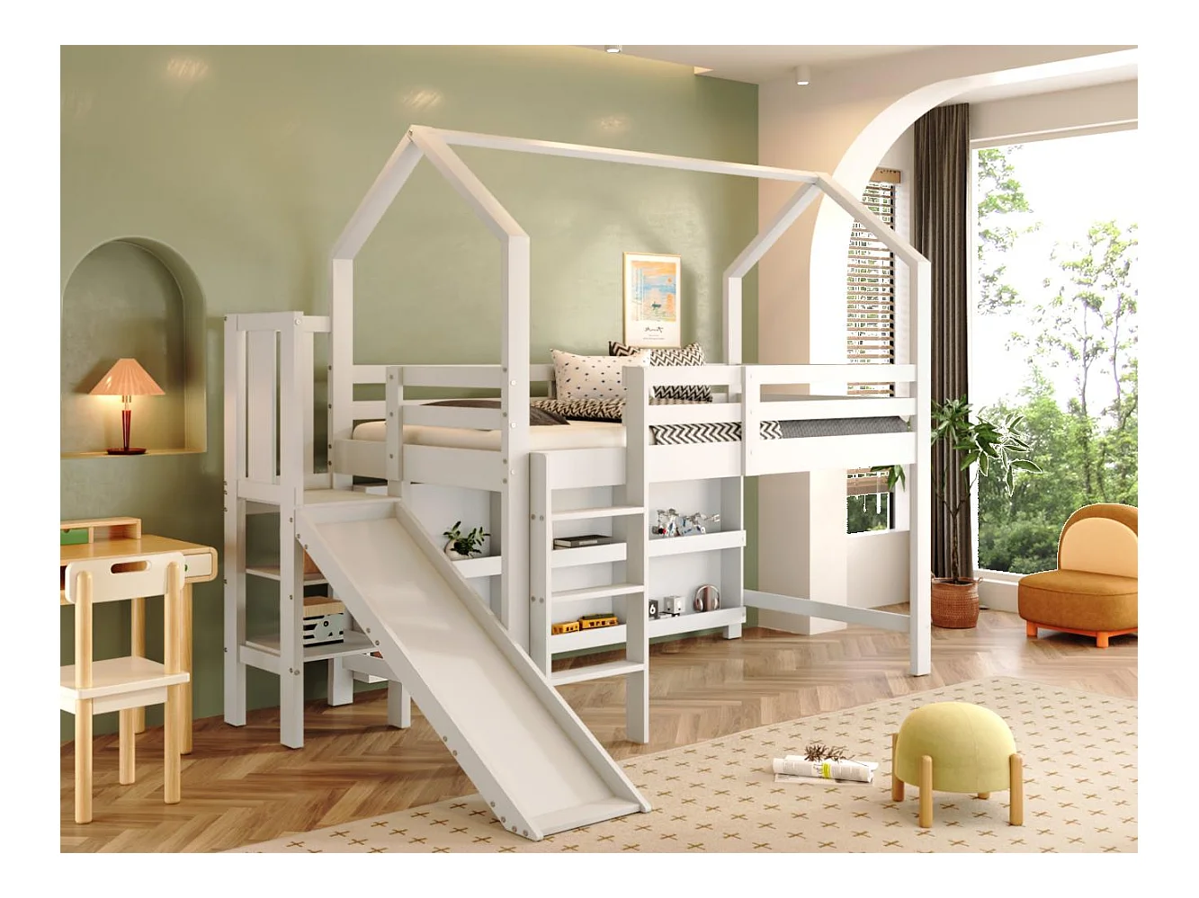 Lit mezzanine 90x200cm - avec toboggan + escalier + casier + étagère - en bois de pin et MDF - Blanc