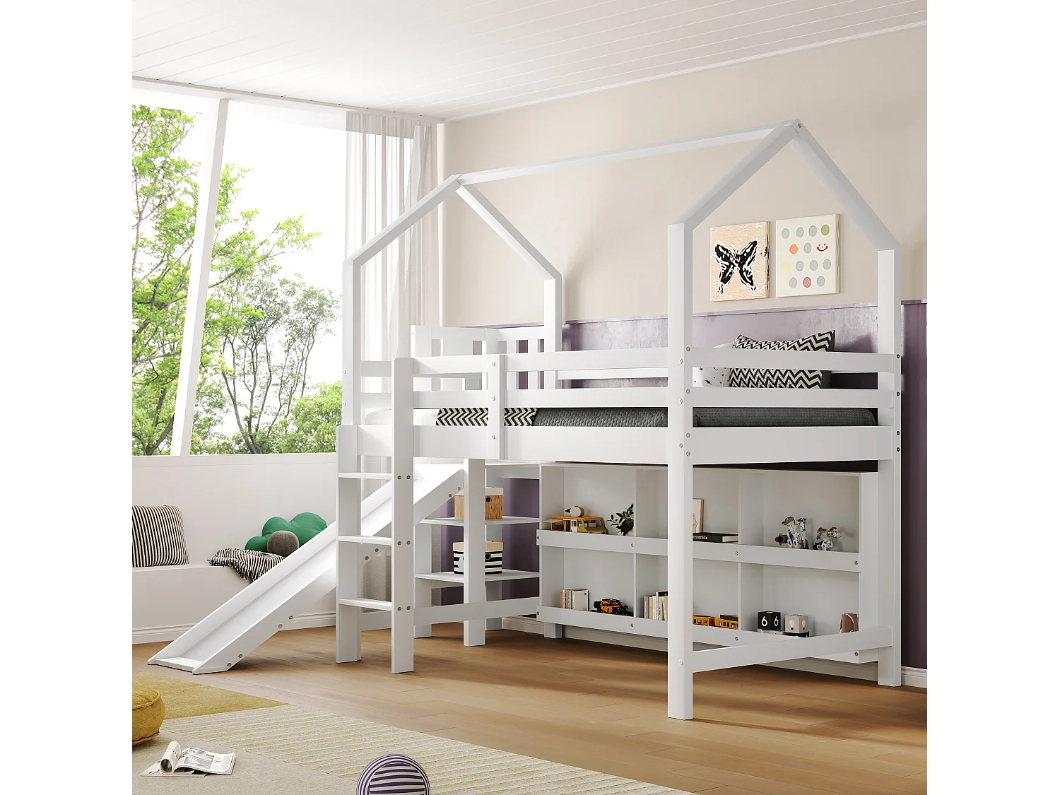 Hoogslaper 90x200cm - met glijbaan + trap + locker + plank - in grenenhout en MDF - Wit