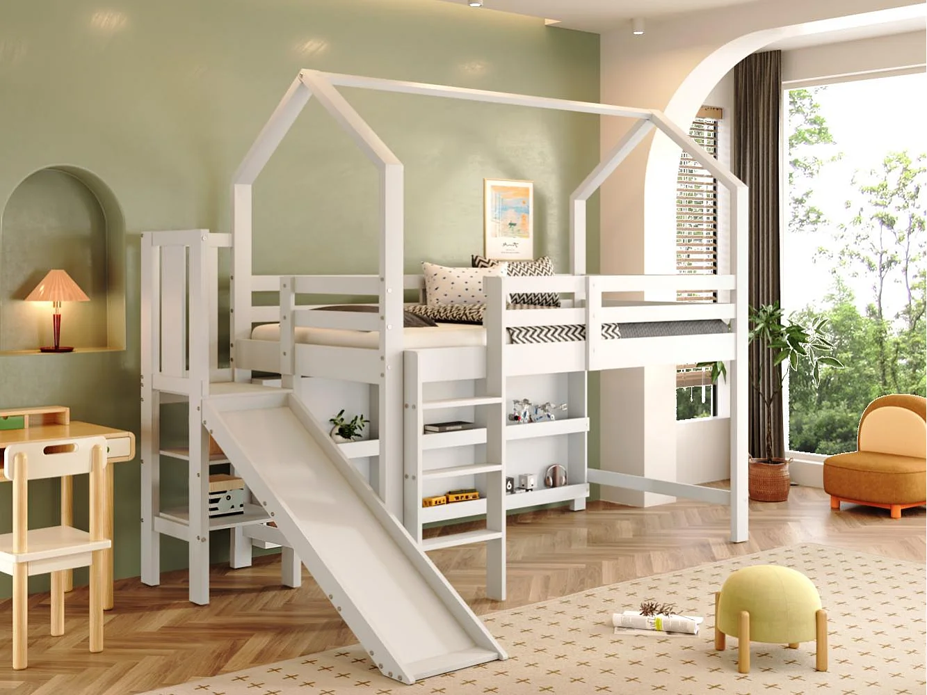 Lit mezzanine 90x200cm - avec toboggan + escalier + casier + étagère - en bois de pin et MDF - Blanc