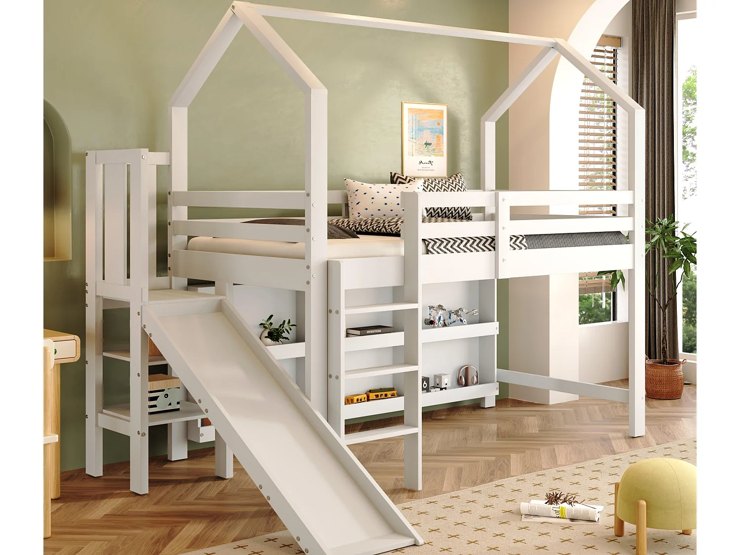 Hochbett 90x200cm – mit Rutsche + Treppe + Spind + Regal – aus Kiefernholz und MDF – Weiß