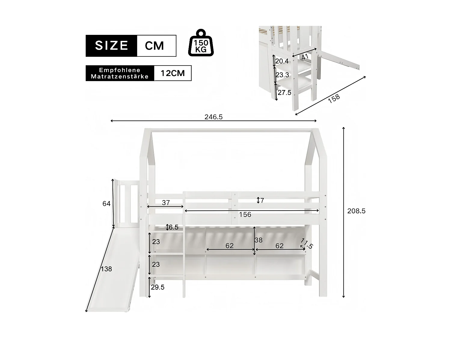 Hochbett 90x200cm – mit Rutsche + Treppe + Spind + Regal – aus Kiefernholz und MDF – Weiß