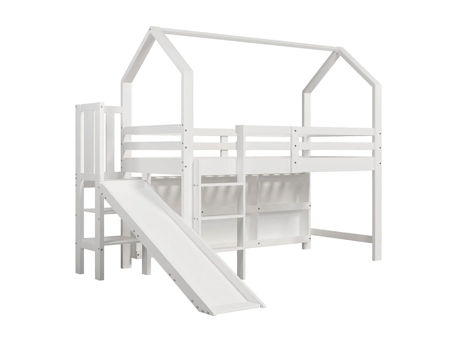 Hochbett 90x200cm – mit Rutsche + Treppe + Spind + Regal – aus Kiefernholz und MDF – Weiß