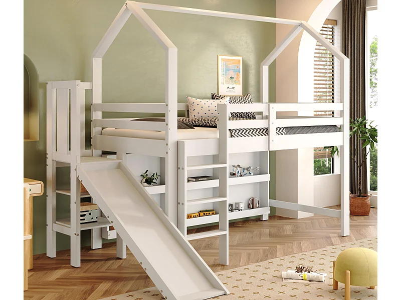 Lit mezzanine 90x200cm - avec toboggan + escalier + casier + étagère - en bois de pin et MDF - Blanc