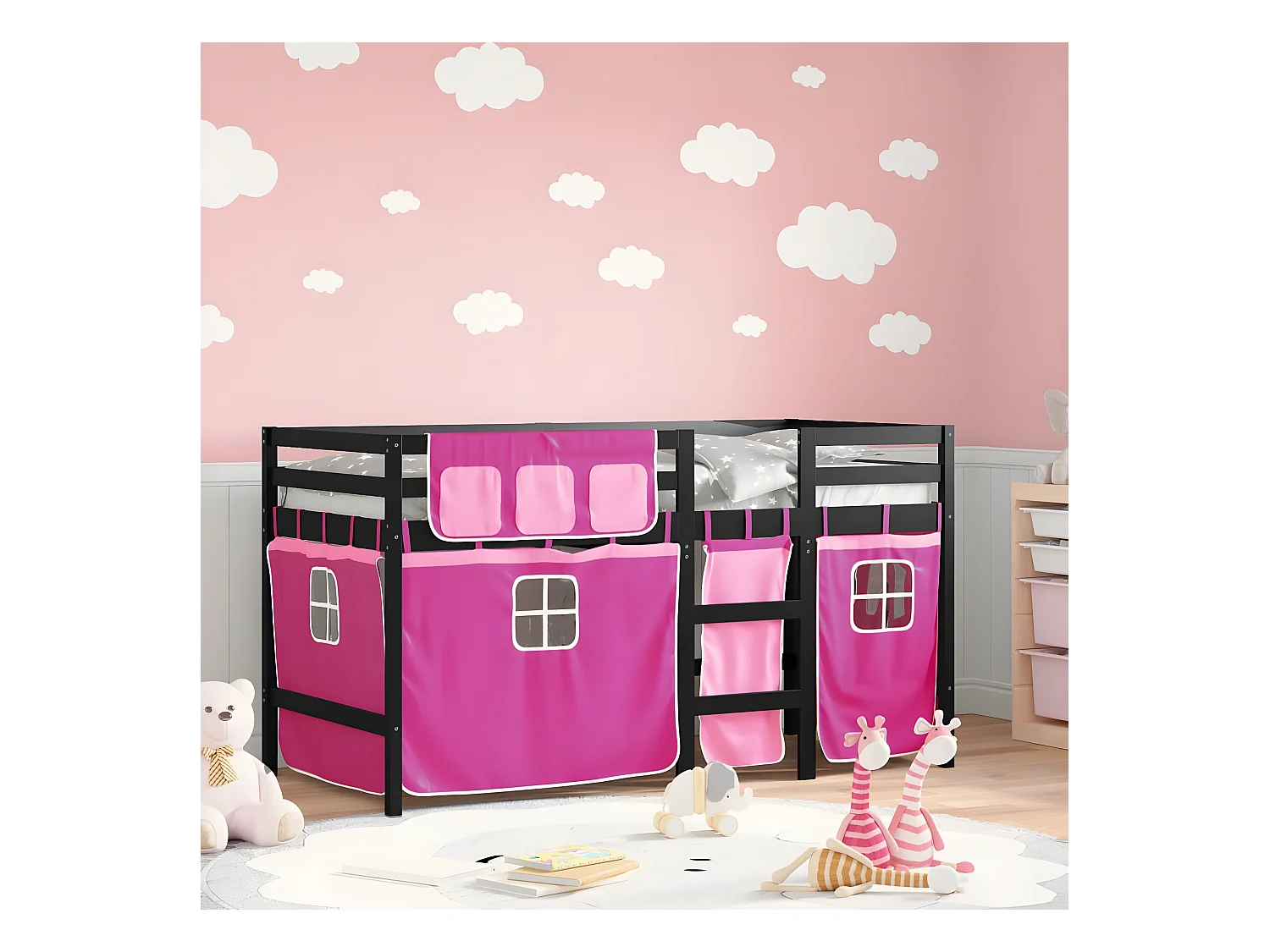 Cama alta p/ criança c/ cortinas 90x200 cm pinho maciço rosa