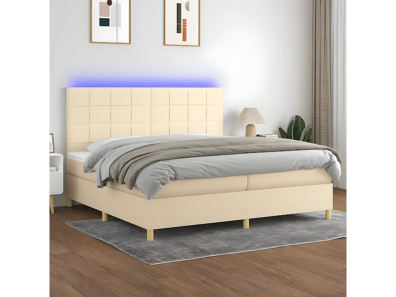 Sommier tapissier et matelas et LED Crème 200x200 cm Tissu
