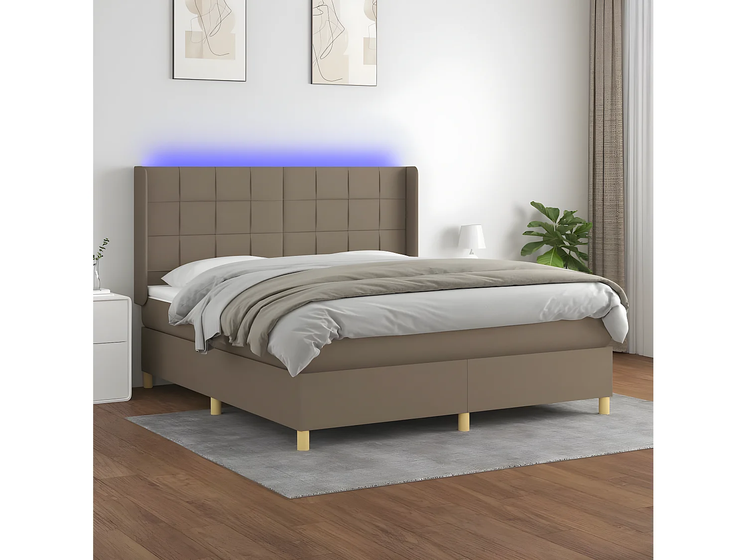 Cama box spring colchón y luces LED tela gris taupe 180x200 cm